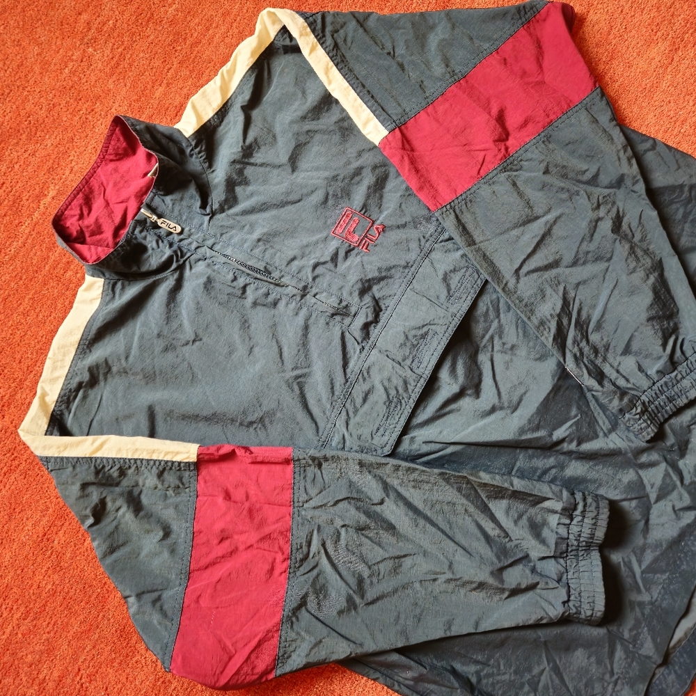 Vintage 90's FILA Windbreaker Pullover Jacket 1/4 Zip Size XL Green Burgundy